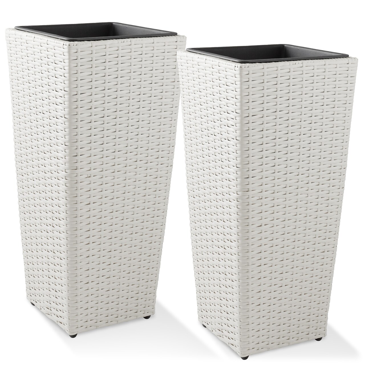 Casafield Set of 2 All-Weather Outdoor Planters with Liners, Tall Tapered Plant Boxes with Flower Pots for Front Porch, Patio, Garden - White